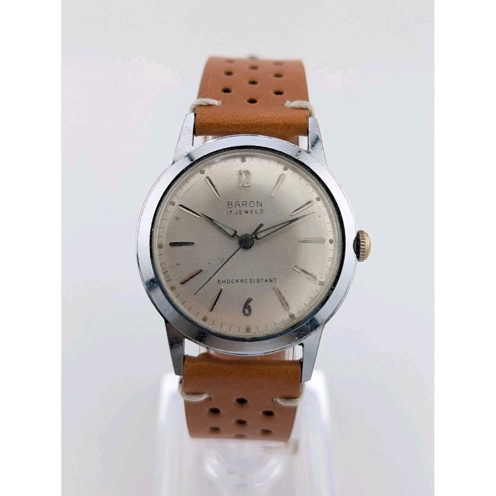 Baron Vintage 17 Jewel Men's Mechanical Wristwatch 33mm Silver Tone - Working‎